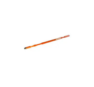A pencil with an orange handle and black tip.