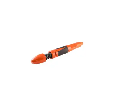 A orange pen with black tip and red handle.