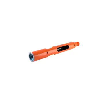 A flashlight that is orange and has a black handle.