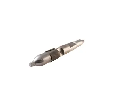 A close up of a drill bit on a white background