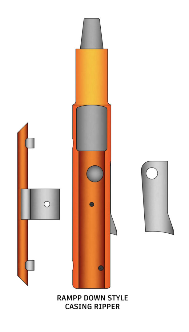 Introducing the Ramp Casing Ripper, a vital tool designed for the well plugging industry. This robust equipment is specifically engineered to cut pipe collars, enabling efficient removal of upper sections of pipes from wells. With long stroke jars positioned below the stem, the Ripper ensures stability and precision during operations. Its versatility shines through with options for various pipe diameters; while the standard size is ideal for ripping 4” pipes, spacers can be added for larger pipe inner diameters. Additionally, down rippers for 3” pipes are available, providing flexibility to meet diverse operational needs. Trust Ramp for durable and high-performance tools that streamline your operations and maximize productivity in the field.