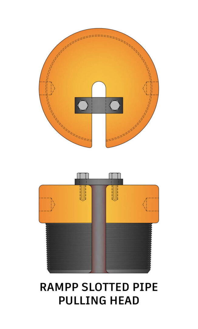 The Rampp Slotted Pipe Pulling Head is engineered to facilitate the efficient lifting of pipes without the need for jarring. Simply slip the slotted pulling head around the wire line and screw it into the pipe collar to lift the string of drilling tools. While some drillers use this head for jarring with the rope socket, caution is advised to ensure that the top of the socket is properly swelled to tolerance for a fishing socket if required. This tool is designed for straightforward, effective pipe retrieval in various drilling conditions.