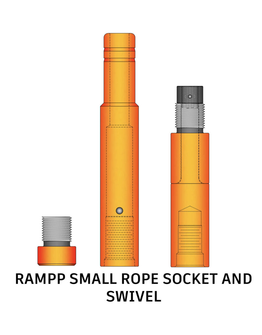 The Rampp Small Rope Socket with Swivel is an essential tool for every service rig, designed to streamline operations and improve efficiency. This versatile tool features a swivel sub that threads into the rope socket and transitions to a sucker rod female thread. This setup allows you to easily connect jars, a sinker bar, and a swab or brooch to your string of tools. Additionally, it provides direct attachment to wire line, sand pump, or dart valve bailer using the threaded sub on top. The swivel mechanism enables smooth, free spinning of tools during extraction, reducing the risk of twisting the wire line. For more demanding applications, the rope socket can be quickly separated from the swivel and used with a quick-change rope socket for heavy-duty well maintenance. Optional thread protectors are available for enhanced protection in quick-change applications.