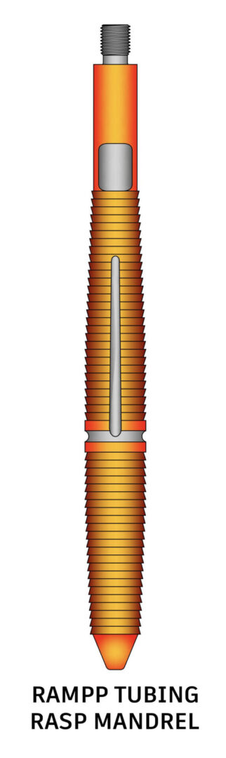 The Rampp Tubing Rasp Mandrel is engineered to prepare tubing for efficient swabbing by removing burs and heavy rust. Machined with dual "Wickers" and vent grooves, this mandrel facilitates gas and fluid passage while ensuring thorough scraping. The "Wickers" are case-hardened for durability, making this tool ideal for use over thousands of feet of tubing. Available in sizes of 1-1/2”, 3”, and 4”, it guarantees smoother swabbing and extended swab cup life.