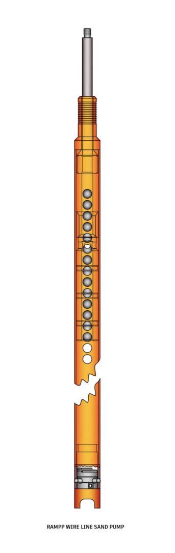 The Rampp Wire Line Sand Pump is an essential tool for the oil and gas well service industry, delivering reliable and efficient sand pumping. Designed for optimal performance, this pump features a unique design with a steel plunger for weight and a sliding valve on top for effective sealing. It is typically equipped with a sucker rod thread on top of the plunger rod, and custom threads can be machined to meet specific requirements. The pump's bottom is available in plain, chisel, or bailer dart styles, with a lug and slot combination for quick dumping. The Rampp Wire Line Sand Pump sets the industry standard for sand pumping efficiency and reliability.